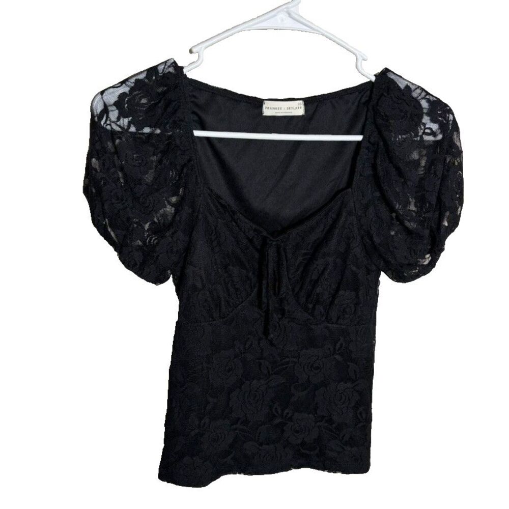 Frankee & Skylarr Top Women's XS Black Lace Short Sleeve Round Neck Shirt